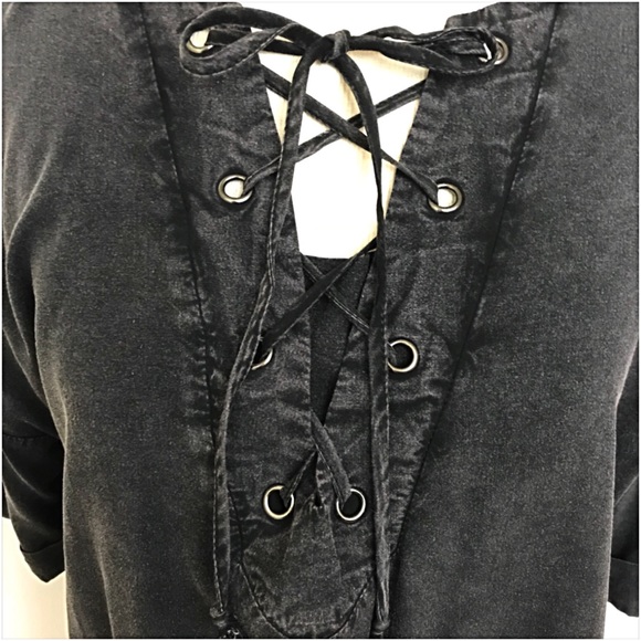 Relaxed Sexy Boho Lace Up Acid Wash Top SMLXL - Picture 4 of 7